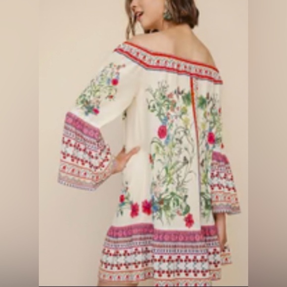 Umgee Border Bell Sleeve Dress -Natural Size Small Off Shoulder Shift Mini Dress - Picture 7 of 11